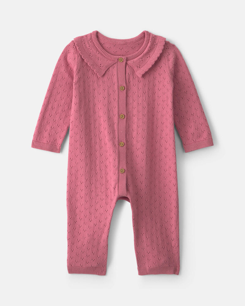 Baby Girl Pointelle Long-Sleeve Jumpsuit - Pink, image 1 of 4 slides
