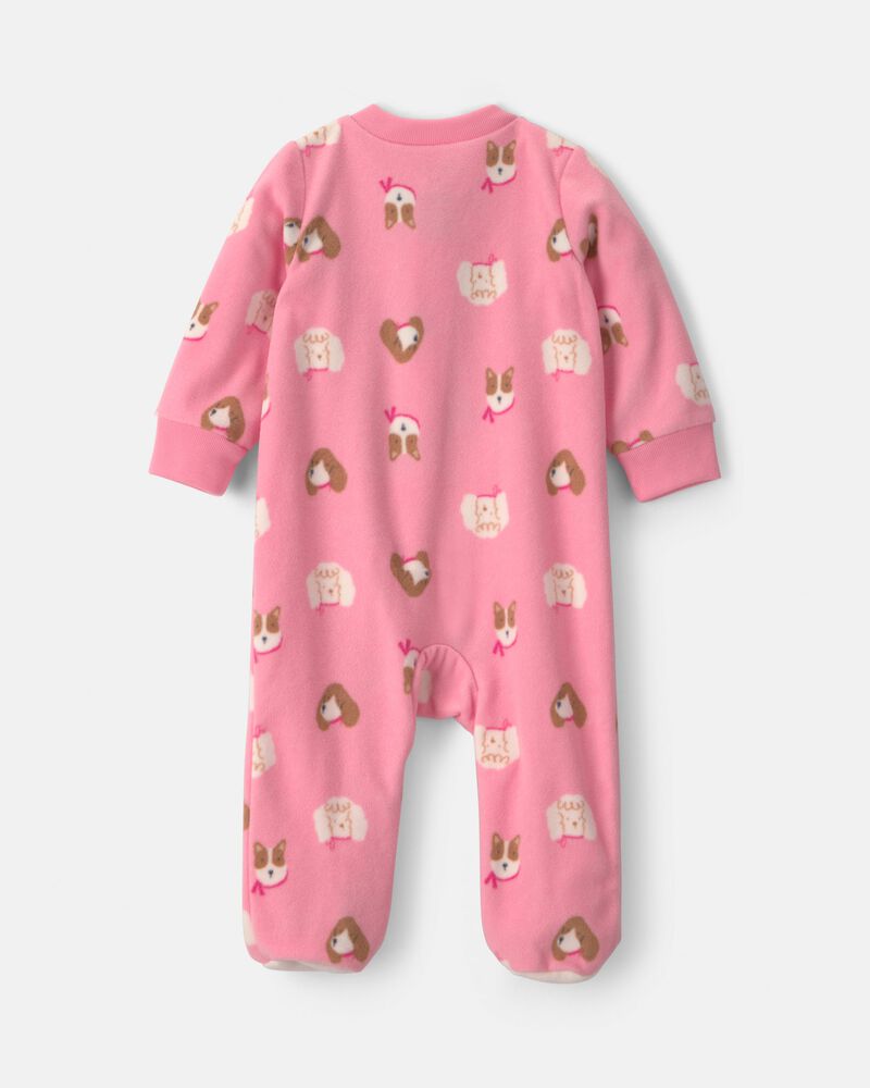 Baby Girl Dog Fleece 2-Way Zip Sleeper - Pink, image 2 of 6 slides