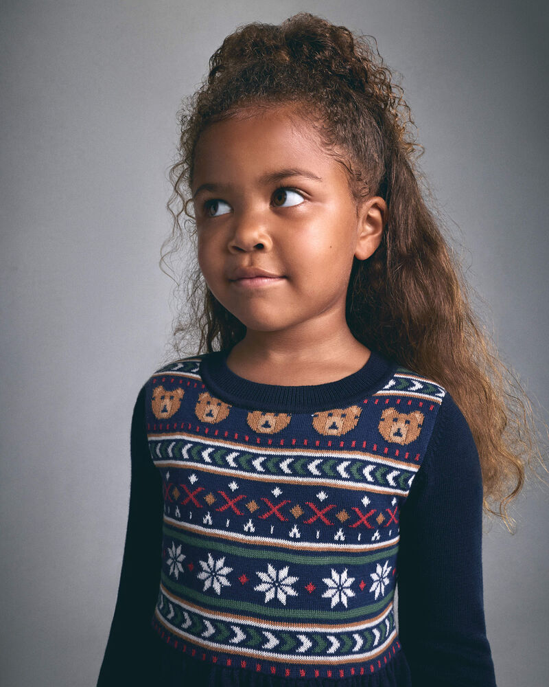 Toddler Girl Bear Fair Isle Long-Sleeve Dress - Navy Blue, image 3 of 7 slides