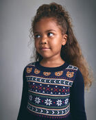Toddler Girl Bear Fair Isle Long-Sleeve Dress - Navy Blue, image 3 of 7 slides