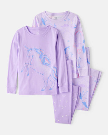 Filles - Pyjamas à manches longues 4 pièces en coton 100 % avec imprimé licorne - Violet, 