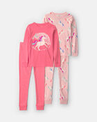 Girls 4-Piece Unicorn 100% Cotton Snug Fit Pyjama Set - Coral/Pink, image 1 of 5 slides