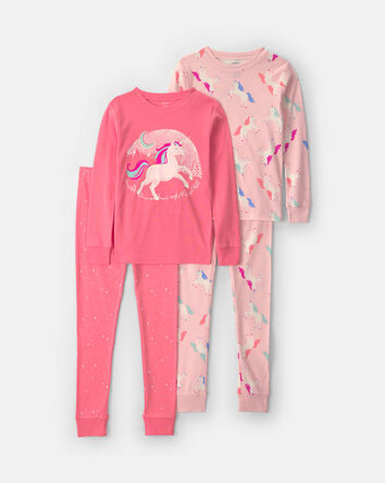 Girls 4-Piece Unicorn 100% Cotton Snug Fit Pyjama Set - Coral/Pink, 