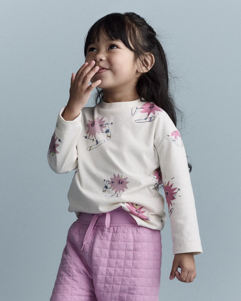 Toddler Girl Skiing Abstract Long-Sleeve Relaxed Graphic Top - Cream, image 1 of 6 slides