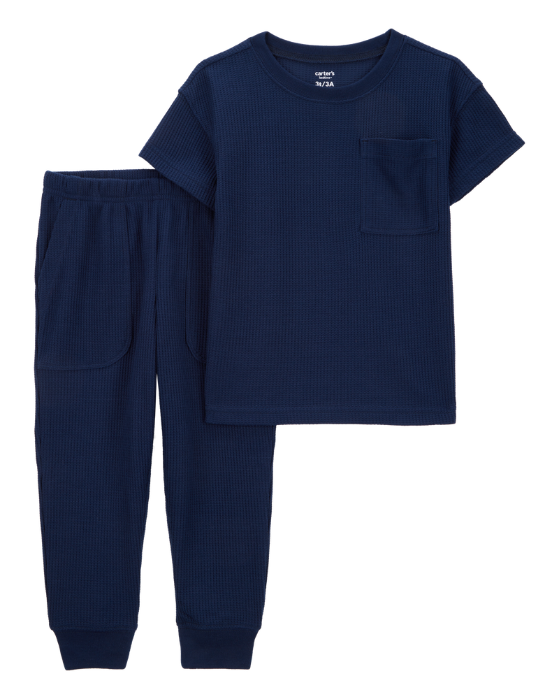 Toddler Boy Solid Loose Fit Waffle Knit 2-Piece Pyjamas - Navy, image 1 of 4 slides