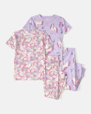 Baby Girl Unicorn Floral 100% Cotton Snug Fit 4-Piece Pyjama Set - Pink/Purple, 