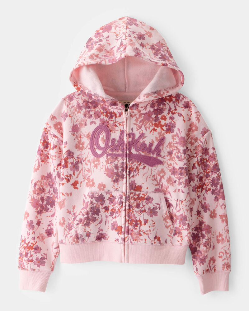 Girls Floral Print OshKosh Logo Zip Jacket - Pink, image 1 of 3 slides