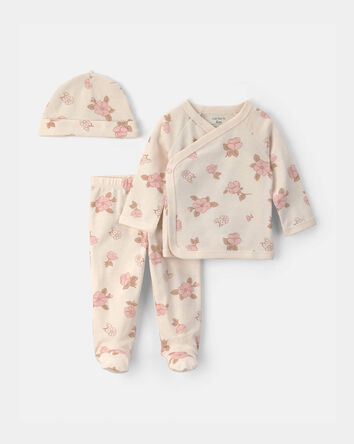 B&eacute;b&eacute; fille - Ensemble 3 pi&egrave;ces haut manches longues et pantalon &agrave; motif floral - Cr&egrave;me, 