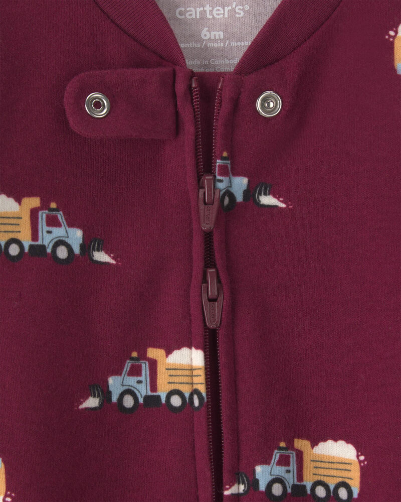 Baby Boy Construction Truck 100% Cotton 2-Way Zip Sleeper - Burgundy, image 3 of 6 slides