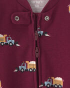 Baby Boy Construction Truck 100% Cotton 2-Way Zip Sleeper - Burgundy, image 3 of 6 slides