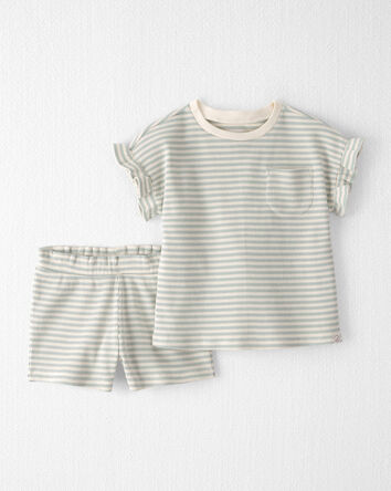 Tout-petit fille - Ensemble 2 pi&egrave;ces haut et short en tricot gaufr&eacute; de coton biologique &agrave; rayures, 