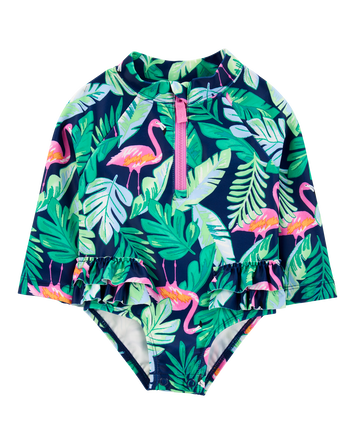 Baby 1-Piece Tropical Flamingo Long-Sleeve Rashguard Swimsuit, 