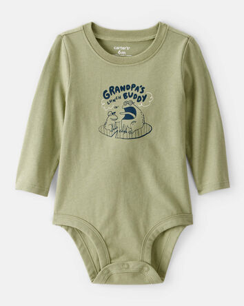 Baby Boy Grandpa's Lunch Buddy Frog Cotton Long-Sleeve Graphic Bodysuit - Green, 