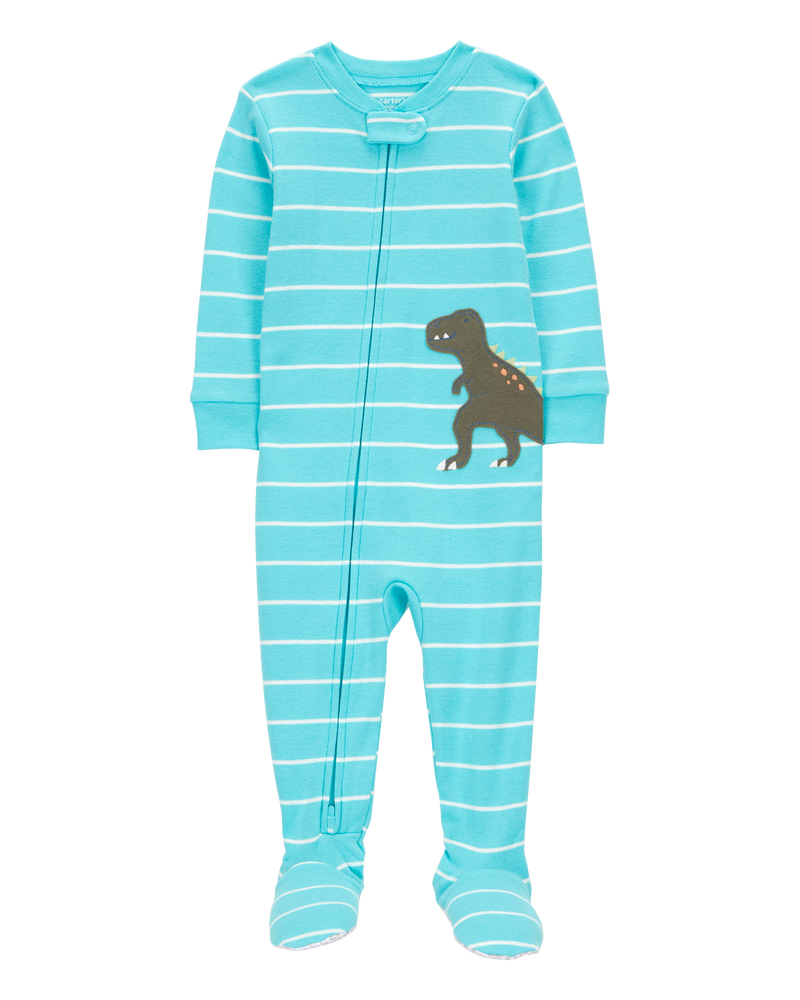 Baby 1-Piece Striped Dinosaur Print 100% Snug Fit Cotton Footie Pyjamas, image 1 of 3 slides