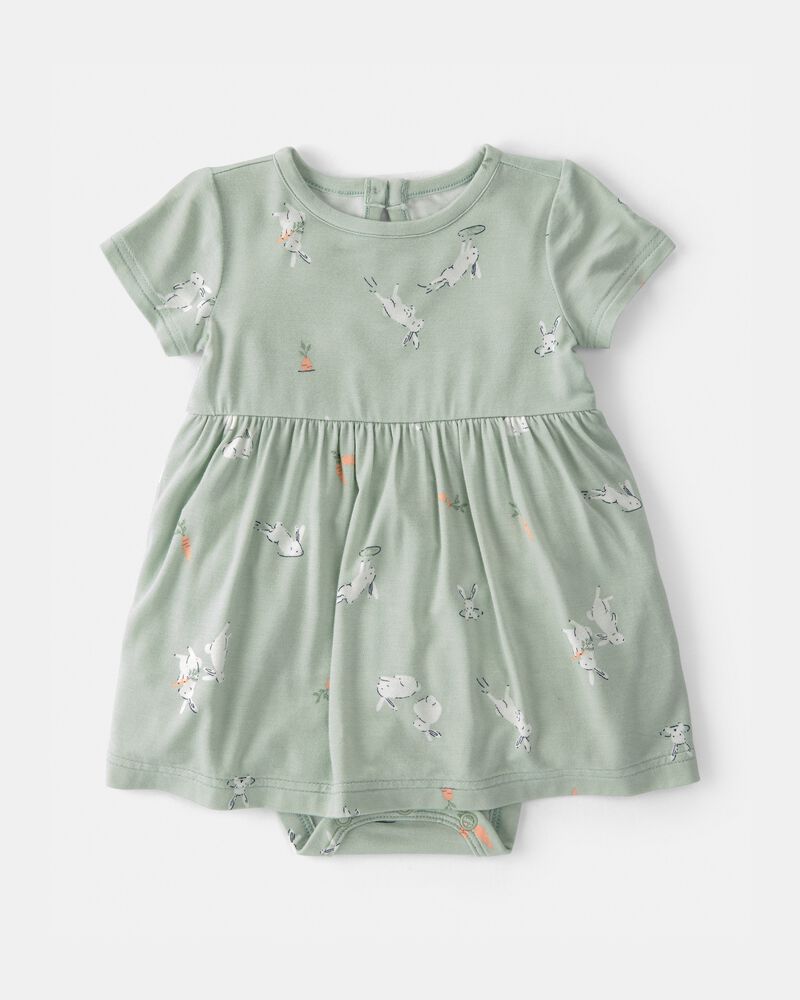Baby Girl Bunny Short-Sleeve Bodysuit Dress - Green, image 1 of 5 slides