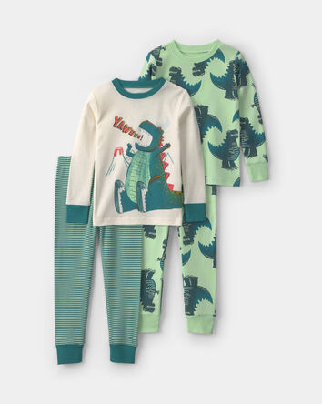 B&eacute;b&eacute; gar&ccedil;on - Pyjama ajust&eacute; 4 pi&egrave;ces en 100 % coton &agrave; motif rayures et dinosaure &ndash; Vert, 