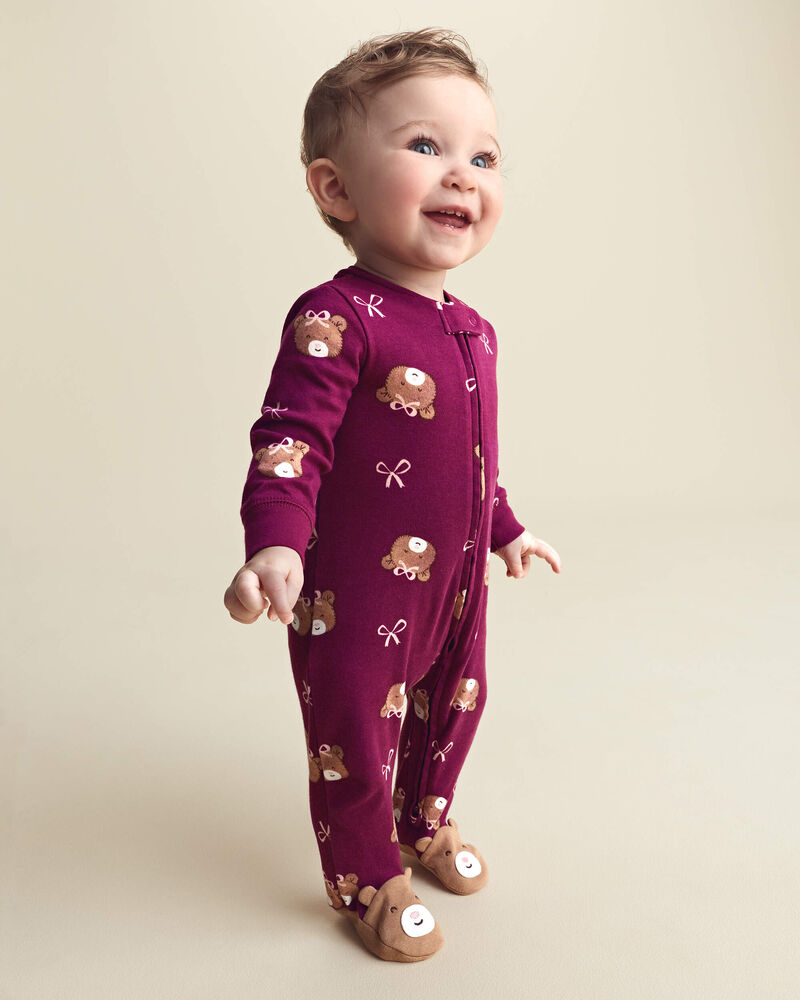 B&eacute;b&eacute; fille - Grenouill&egrave;re 100 % coton avec fermeture &agrave; glissi&egrave;re double sens &agrave; motif ourson &ndash; Mauve, image 2 sur 7 diapositives