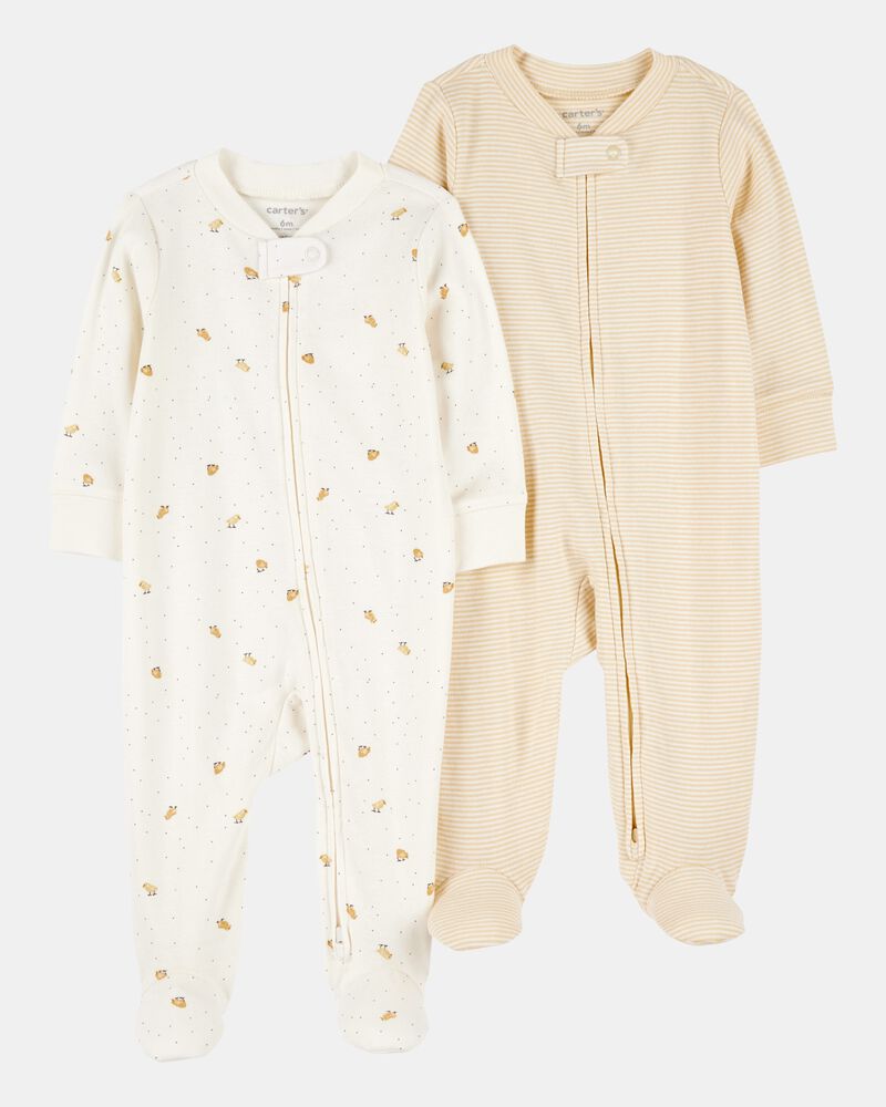 Baby 2-Pack Striped Duck Print 2-Way Zip Cotton Sleeper Pyjamas, image 1 of 4 slides