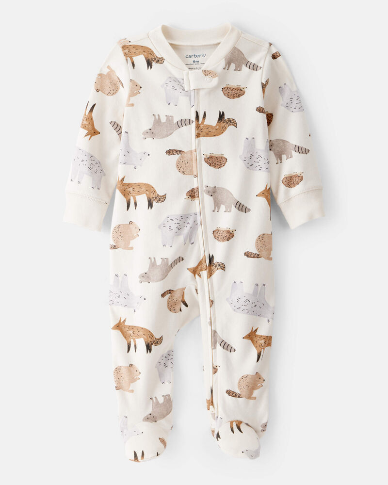 Baby Boy Fox Print 100% Cotton Long-Sleeve Sleeper - White, image 1 of 4 slides