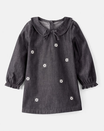 Tout-petit fille - Robe en chambrey à manches longues à motif floral – Gris, 