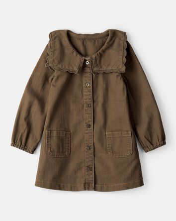 Toddler Girl Scalloped Collar Button-Down Long-Sleeve Dress - Brown, 