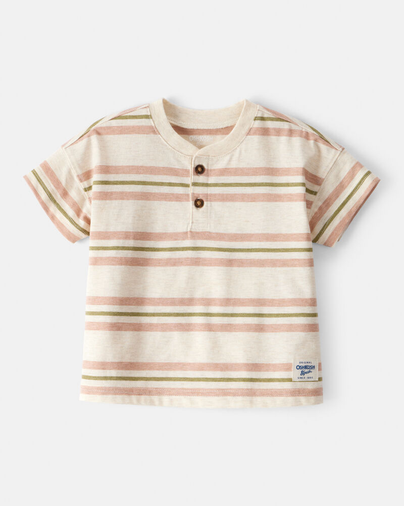 Baby Boy Striped Short-Sleeve Henley Tee - Brown, image 1 of 3 slides