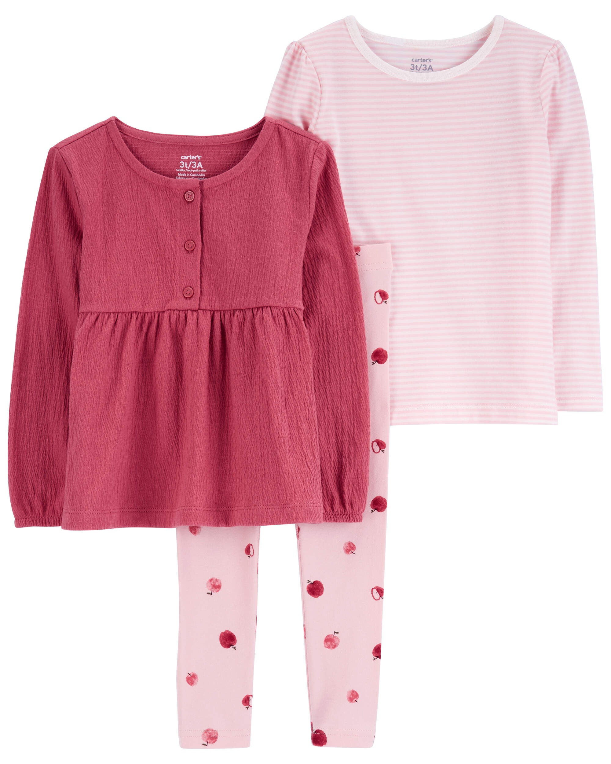 3 Piece Pink Tops and Apple Print Leggings Set