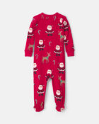 Toddler 1-Piece Beige Santa Christmas 100% Cotton Snug Fit Footed Pyjama - Red, image 3 of 4 slides