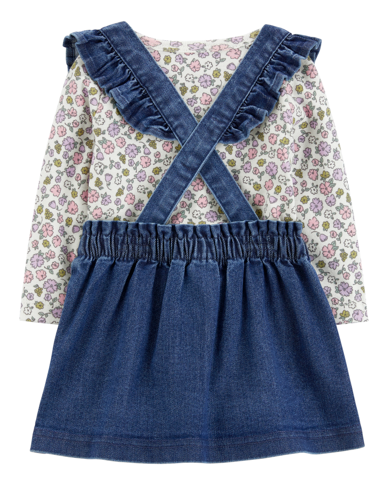 Baby 3-Piece Floral Long-Sleeve Tee, Tights & Chambray Jumper Set, image 2 of 6 slides