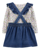 Baby 3-Piece Floral Long-Sleeve Tee, Tights & Chambray Jumper Set, image 2 of 6 slides