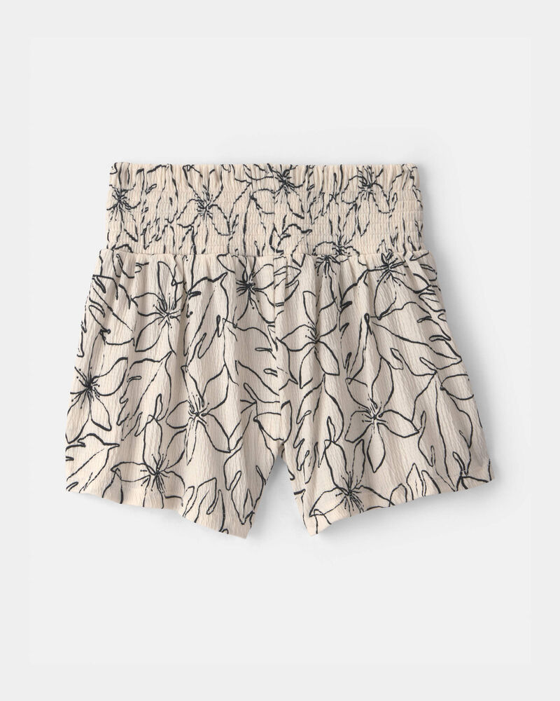 Girls Floral Smocked Crinkle Shorts - Ivory, image 2 of 4 slides