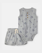 Baby Boy 2-Piece Baseball Sleeveless Bodysuit & Short Set - Grey, image 1 of 3 slides