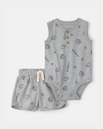 B&eacute;b&eacute; gar&ccedil;on - Ensemble 2 pi&egrave;ces cache-couche sans manches et short, baseball - Gris, 