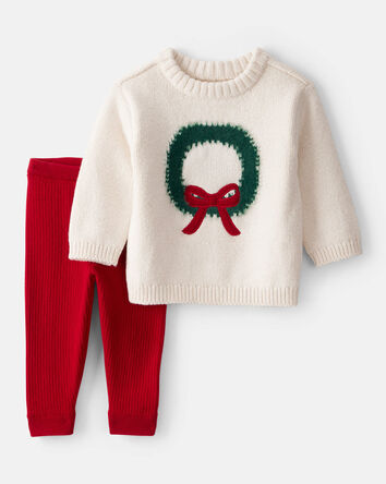 Baby Girl 2-Piece Wreath Long-Sleeve Sweater & Pant Set - White/Red, 