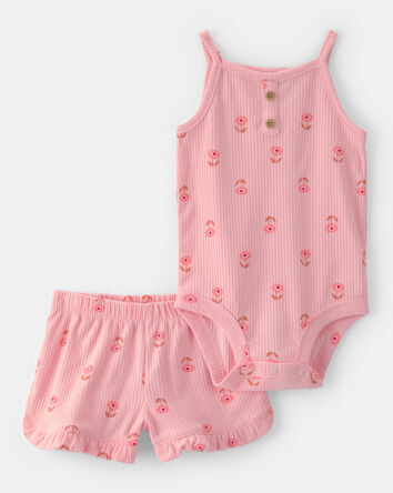 B&eacute;b&eacute; fille - Ensemble 2 pi&egrave;ces cache-couche sans manches et short, floral - Rose, 