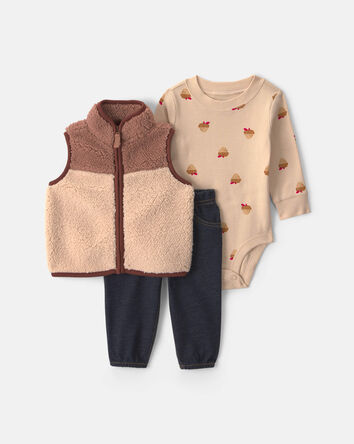 Baby Boy 3-Piece Acorn Teddy Fleece Layering Set - Brown/Indigo, 