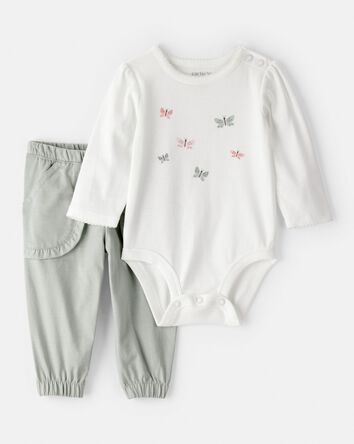 Baby Girl 2-Piece Butterfly Bodysuit & Pant Set - Green/White, 