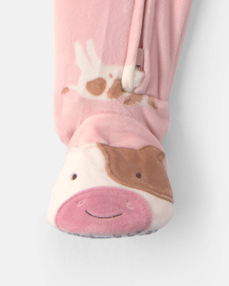 B&eacute;b&eacute; fille - Pyjama ajust&eacute; 1-pi&egrave;ce en DreamPlush avec pieds et fermeture &agrave; glissi&egrave;re double sens &agrave; motif vache - Rose, image 4 sur 5 diapositives