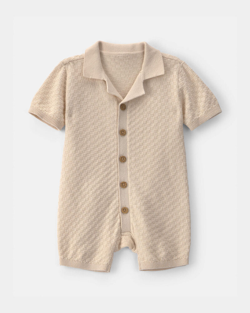 Baby Boy Button-Down Short-Sleeve Romper - Ivory, image 1 of 5 slides