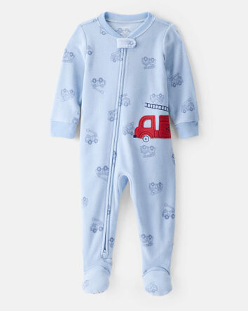 Toddler Boy Firetruck Print Loose Fit Long-Sleeve 2-Way Zip 1-Piece Pyjamas - Blue, 