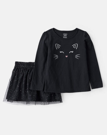 Tout-petit Ensemble 2 pièces pour Halloween t-shirt à chat et jupe-short en tulle, 