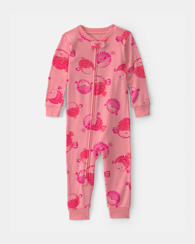Toddler Girl Pufferfish 100% Cotton 1-Piece Pyjama - Coral, image 1 of 3 slides