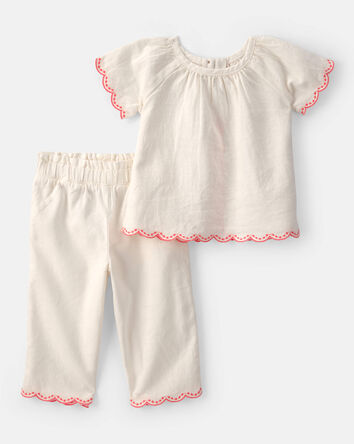 Baby Girl 2-Piece Solid Linen Short-Sleeve Overall Set - White, 