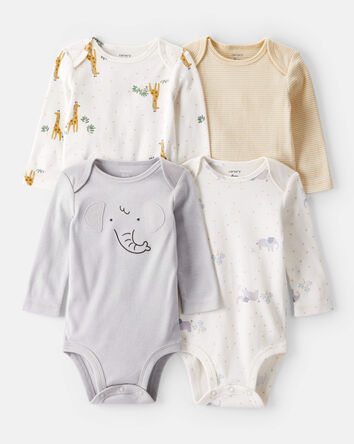 Baby 4-Pack Safari Print Cotton Long-Sleeve Multipack Bodysuits - White, 