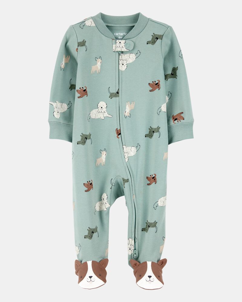 Baby Boy Dog Print 2-Way Zip Cotton Sleeper, image 1 of 4 slides