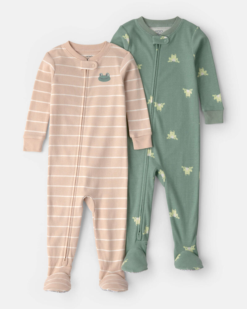 B&eacute;b&eacute; - Emballage 2 pyjamas 1 pi&egrave;ce ajust&eacute;s en 100 % coton, grenouille - Vert/Beige, image 1 sur 4 diapositives