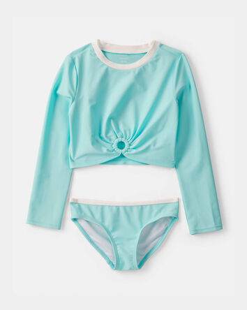 Girls 2-Piece Solid Long-Sleeve Rashguard Swimsuit Set - Turquoise, 