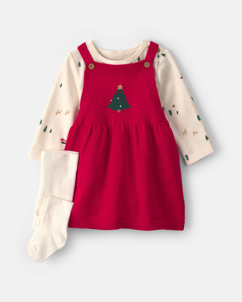 Baby Girl 3-Piece Christmas Tree Long-Sleeve Sweater Dress Set - Red/Cream, image 1 of 6 slides