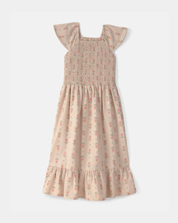 Filles - Robe midi &agrave; smocks, motif floral - Beige, 