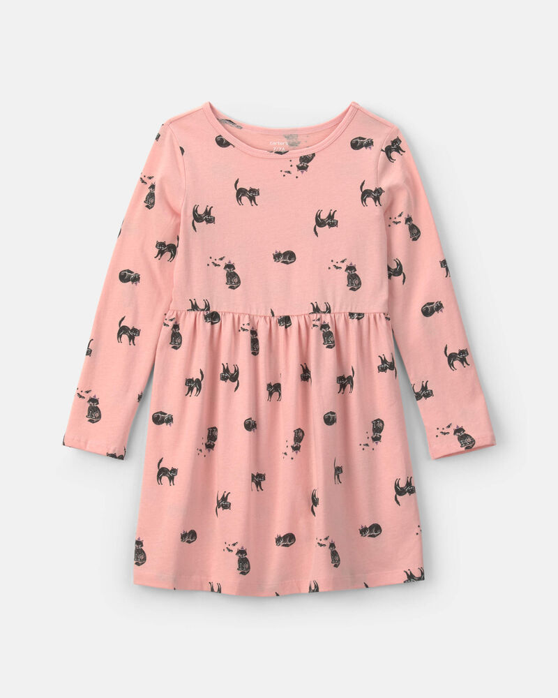 Girls Halloween Cat Long-Sleeve Dress - Pink, image 1 of 4 slides